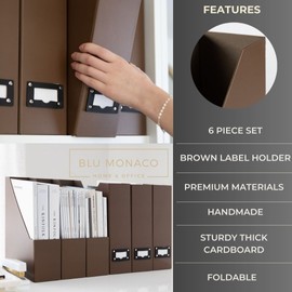 BLU MONACO Organization with Set of 6 Foldable Brown Magazine File Holder with Brown Label