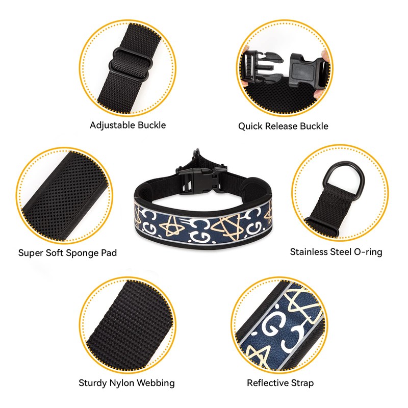 Reflective Dog Collar Padded Black Collar and Lead Set Polyester