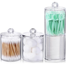 AOZITA 4 Pcs, Acrylic Qtip Holder Dispenser for Cotton Swab, Ball, Round Pads, Floss Picks - Clear Plastic Apothecary Jar Set for Bathroom Canister Storage Organization, Vanity Makeup Organizer