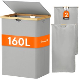 Lifewit 160L Double Laundry Hamper with Lid, Extra Large Bamboo Laundry Basket Dirty Clothes Hamper, 2 Section Laundry Bin Organizer for Laundry Room Bedroom with 2 Removable Liners & Bags,Silver Grey