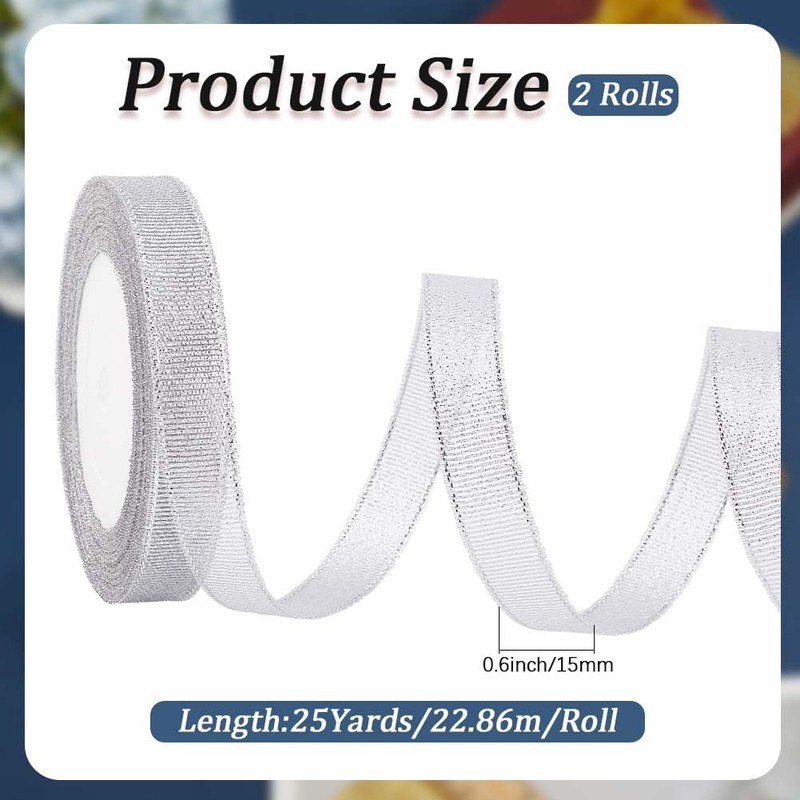 CABODYALS 22.86M 15mm Silver Glitter Metallic Ribbons Transparent Organza Sheer