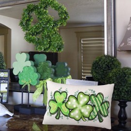 St. Patrick's Day Throw Pillow Cover, Eucalyptus Shamrock Linen Lumbar Pillow Case, Lucky Green Clover Rectangular Double Sided Throw Pillow Cover, Zipper Cushion Covers for Sofa Chair 16 x 24 Inches