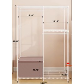 Yagizaai Small Clothes Rack, 4-1 Heavy Duty Metal Garment Rack with Hanging Rods, Shelves, Storage Basket & Hook, 33" x 12.6" x 62.6", White