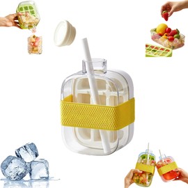 Ice Cube Bottle,2 in 1 Iced Tray Cup, Touch-Free Ice Cube Tray Water Bottle,Easy Release Water Bottle Ice Mold for Coffee Juice Beverage (White, s)