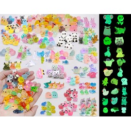 SparkleFab Luminous Tiny Resin Animals 300 Pcs Mini Animals Bulk Mini Resin Ducks Owls Tiny Frogs Pandas Small Rabbits Glow in The Dark for Miniature Garden Accessories Micro Landscape Aquarium Potted Decoration