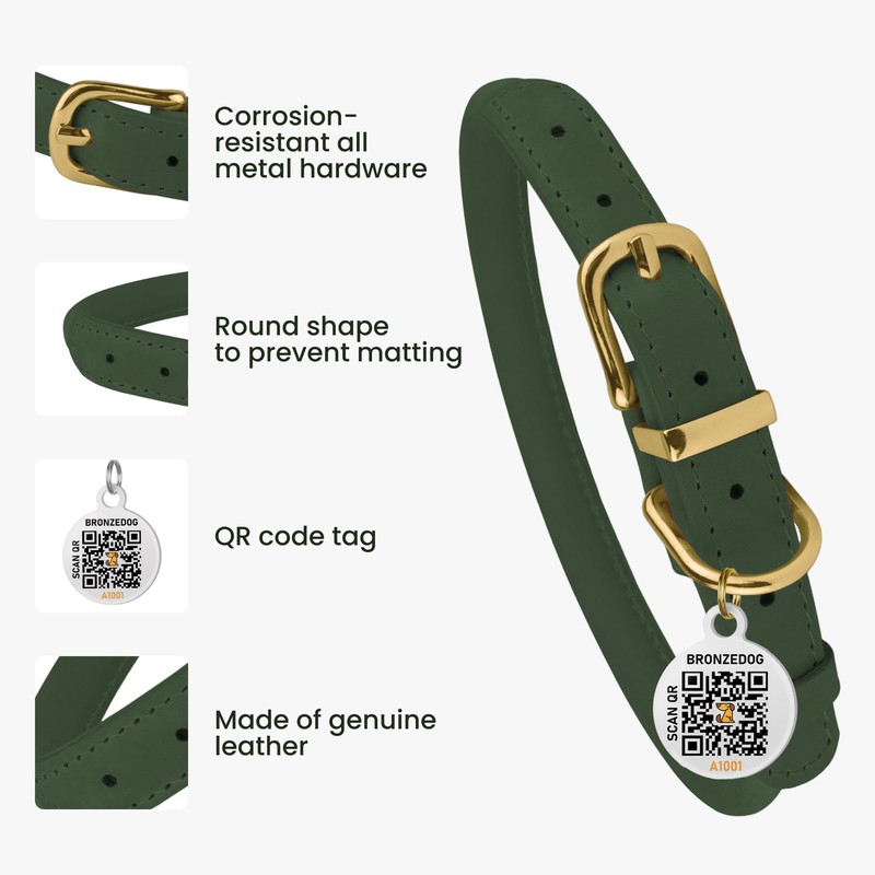 BRONZEDOG Rolled Leather Dog Collar with QR ID Tag Adjustable