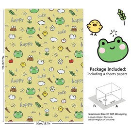 Geluode Frog Wrapping Paper for Kids Boys Girls, 4 Folded Sheets Cute Frogs Chick Daisy Flower Apple Design Yellow Wrapping Paper for Birthday Baby Shower - 20x28 Inches
