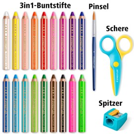 Staedtler STAEDTLER 3in1 Buntstifte und Sicherheitsschere Noris junior, Bunt-, Wachsmal- und Aquarellstift, ideal für Kleinkinder, schneidet nur Papier, 18 Farben, Spitzer und Sicherheitsschere, 140 C18P2X