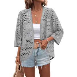 Zeagoo Womens Summer Crochet Cardigan Sweaters Lightweight Open Front 3/4 Sleeve Batwing Kimono Boho Knit Cover Ups 2025 Grey