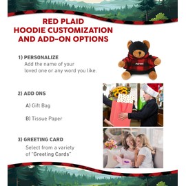 DolliBu Super Soft Black Bear Stuffed Animal with Plaid Red Hoodie Sweater and Personalization - Bear Plush Lumberjack Stuffed Toy with Plaid Jacket Dress Up for Christmas, Holiday, Winter - 6 Inches