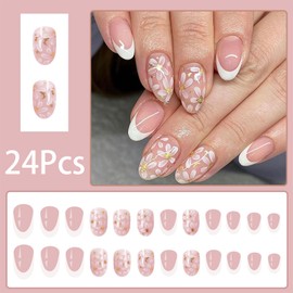 Short Almond Press on Nails Flower Fake Nails White French Tip False Nails with Gold Foil Design Full Cover Pink Acrylic Nails Floral Cute Glue on Nails French Nails Press ons for Women Salon Manicure