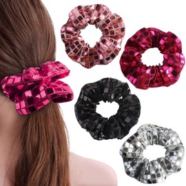 JazSwirl 4-Pack Disco Scrunchies, 3.94 Inches Sparkly Sequin Scrunchies Set for Women, Sparkly Scrunchies for Hair, Christmas Scrunchies New Year Scrunchies Graduation Scrunchies (Multicolor)