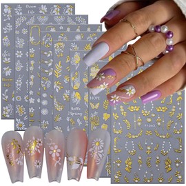 Flowers Nail Art Stickers Decal Gold Nail Stickers White Gold Cherry Blossoms Daisy Nail Stickers 3D Self-Adhesive Gold Butterfly Leaves Floral Nail Stickers Decoration for Women Manicure Supplies