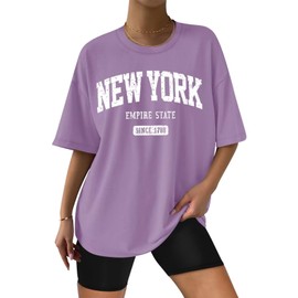 ORANDESIGNE Womens Oversized Cotton T Shirts Graphic Tees Short Sleeve Vintage Tops Casual Summer Clothes 2025 New York Purple Large