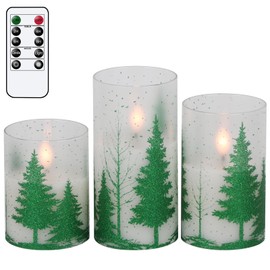Eldnacele Christmas Tree Glass Flameless Candles with Remote Timer Battery Operated Flickering LED Pillar Candles 3 Pack Warm White Light Christmas Holiday Decor(Green, 3 x 4,5,6 Inch) Green