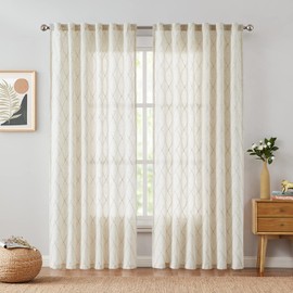 jinchan Beige Linen Curtains for Living Room Diamond Embroidered Back Tab Drapes Geometric Patterned Linen Blend Light Filtering Window Treatment Set for Bedroom 2 Panels 96 inches Long Beige on Crude