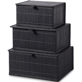 Honygebia Bamboo Decorative Storage Boxes - Set of 3 Woven Lined Storage Basket with Lids, Black Wicker Lidded Baskets for Home Kitchen Shelf Organizer Decor