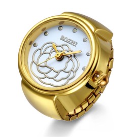 JewelryWe Women's Ring Watch Finger Watch Analogue Flowers Quartz Watch Elastic Ring Band Watch Ring Gift for Girls Silver Gold, gold, Strap.