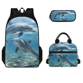 Tiasarato Blue Dolphins Gym Sports Hiking Shoulder Backpack for Girls＆Boys Travel School Bag Insulated Lunch Handbag Pencil Pouch 3 in 1 Bookbag Set,Back-to-school Gifts for Children