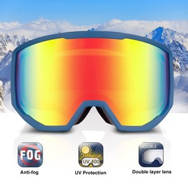 EXP VISION Ski Goggles, Anti fog Snow Snowboard Goggle OTG Dual lens with 100% UV400 Protection for Men Women (Blue Frame-Red Lens)