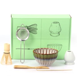 6 Pcs Matcha Kit Elegant Matcha Tea Set with Whisk Bowl Whisk Holder Scoop Spoon Sifter Practical Tea Making Tool Presenting for Personal Use(Green Grass on White Background,1 Set)