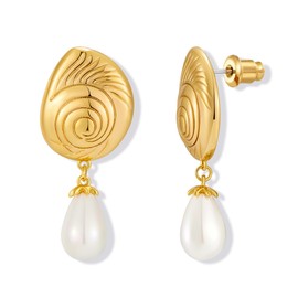 FAUTHENTICUTE 14K Gold Conch Shell Earrings For Women Cute Conch Stud With A Dangling Teardrop Summer Pearl Earrings Hypoallergenic Beach Jewelry