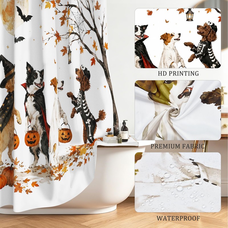 Halloween Dog Shower Curtain, Watercolor Puppies Witch Ghost Vampire Skeleton