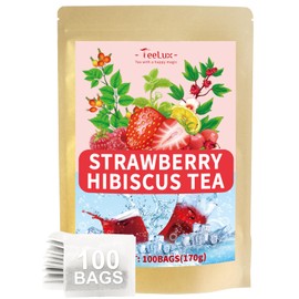 TeeLux Strawberry Hibiscus Iced Tea, Natural Hibiscus Tea with Stevia and Rosehip, Tangy & Sweet Flavor, Caffeine Free, 100 Count