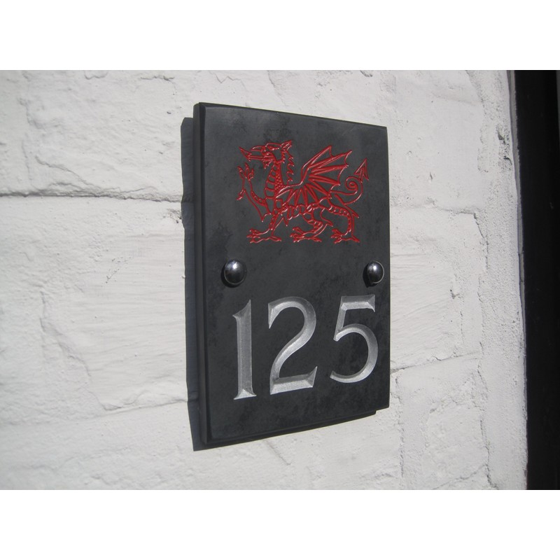 Engraved Slate House Number Sign Plaque with Hand Painted Motif