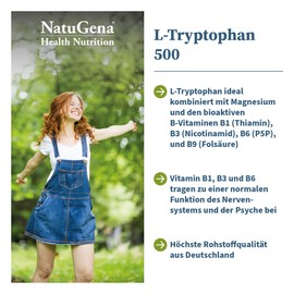 NatuGena L-Tryptophan 500 mg, Magnesium, Magnesiumbisglycinat, bioaktive B Vitamine (B1, B6), essentielle Aminosäure, 90 Kapseln (3 Monats Packung)