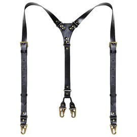 SILKSEA Leather Suspenders for Men Heavy Duty Y Back Adjustable Solid Brace Men's Big & Tall Suspenders for Dress Pants with Snap Clips Hooks, Black