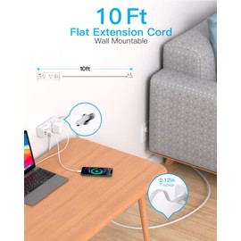 One Beat 10Ft Extension Cord with Multiple Outlets,Flat Plug Power Strip Surge Protector with 10 Ft Long Cord,6 Outlet 3 USB Ports (1USB C),Multi Outlet Wall Plug for Travel,College,Dorm Essentials