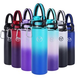 Newfad 32 oz Insulated Water Bottle With Detachable Straw & Paracord Handle, Stainless Steel Thermos Water Bottle with Leakproof Lockable Lid, BPA-Free Sports Bottle (Lake Blue Gradient)