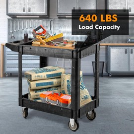 LoJok 640 LBS Capacity Heavy Duty Utility Cart with Wheels, Plastic 2-Tier RollingTool Cart Black, 360° Universal Wheels with 2 Brakes for Warehouse, Garage