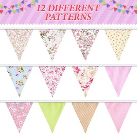 Orifinter Floral Bunting, 24PCS Fabric Bunting + Drawstring Bag, Reusable Vintage Bunting Flags for Mothers Day, Afternoon Tea Stands, Garden Party, Birthday, Vintage Festival, Spring Decorations