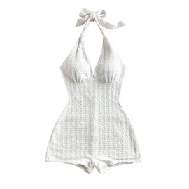 GORGLITTER Women's Bow Halter Shorts Bodysuit Backless Sleeveless V Neck Rompers Open Back One Piece Jumpsuit Unitard White Small