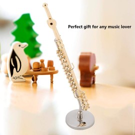 Miniature Flute, 5.9 Inch Mini Flute Model with Stand Brass Musical Instrument Model Hobby Collectibles Gift for Home Accessories Figures