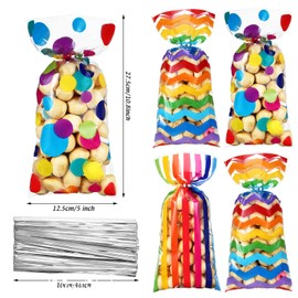 105 Pieces Juneteenth Party Cellophane Treat Bags, Polka Dot Stripes Printed Pattern Goodie Candy Favor Bags with Twist Ties for African Afro American Festival Celebration Happy Juneteenth Jamboree