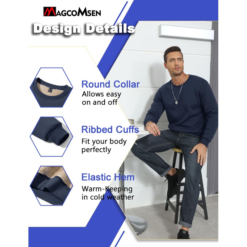 MAGCOMSEN Mens Sweatshirt with Sherpa Lining Pullover Men Winter Basic