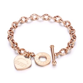 ALEXTINA Dainty Heart Charm Bracelets Stainless Steel 18k Rose Gold Plated Oval Chain Wristband Gift for Mom Women Teen Girls Toggle Clasp Rose Gold 7"
