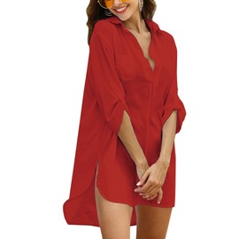 Unibelle Women's Beach Dress Bikini Cover-Up, Beach Poncho, Summer Swimwear, Beach Cover-Up Shirt, red
