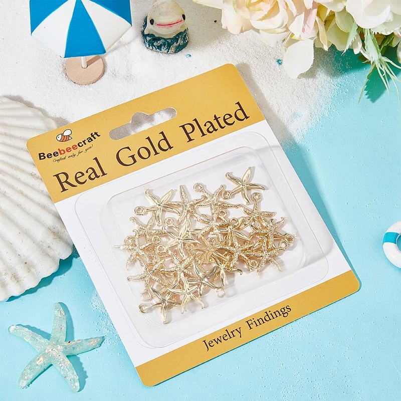 Beebeecraft 1 Box 30Pcs Starfish Charms Bulk Real 18K Gold
