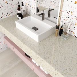 VEELIKE Wide Cream Beige Countertop Contact Paper Waterproof Glossy Granite Peel and Stick Countertops for Kitchen 32''x118'' Self Adhesive Marble Wallpaper Vinyl Countertop Wrap for Walls Table Desk