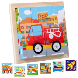 Wooden Cube Puzzle, 3D Picture Cube Puzzle Games, 6 in 1 Car Motifs Wooden Puzzle Montessori Toy, Puzzle Games for Children from 1 2 3 Years, Montessori Learning Toy Gift for Boys Girls