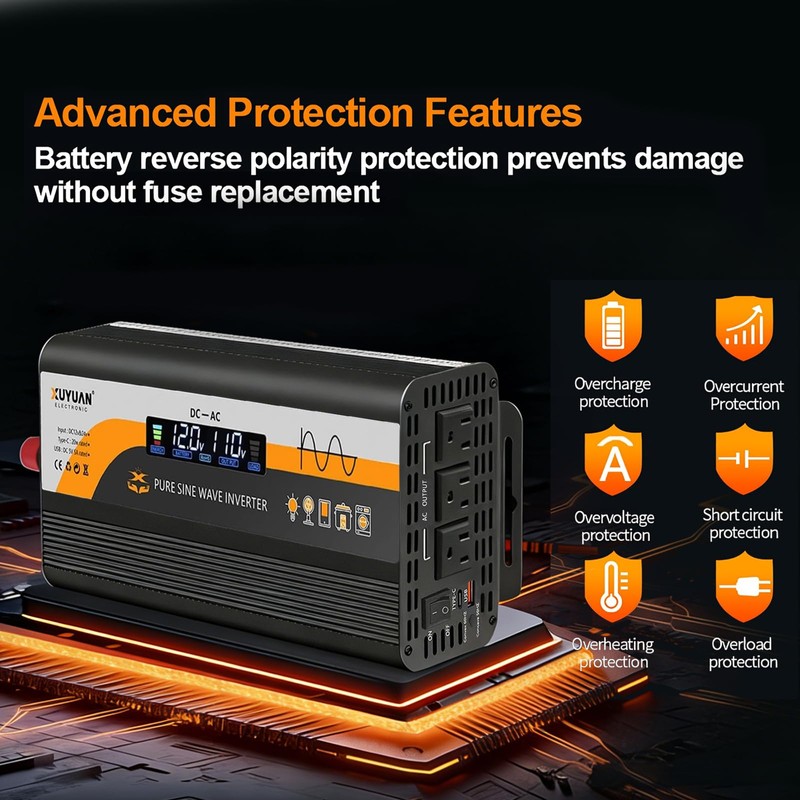 1000W Pure Sine Wave Inverter, 12V/24V Auto-Detect, 50Hz/60Hz Switchable, LCD
