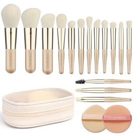 Juego de brochas de maquillaje de viaje, 15 brochas de maquillaje pequeñas y 2 borlas para base, polvos, sombras de ojos, iluminadores, contornos, rubores y correctores, juego de brochas de (tono de piel)