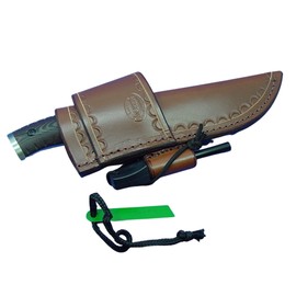 Cross draw knife sheath for the buck Selkirk with a fire steel and striker. Light Brown. Sheath ONLY.