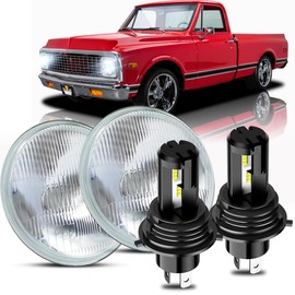 For Chevy 1964-1974 C10 Pickup 1967-1981 Camaro Trucks,LED Light Bulbs,7 Inch led Glass Headlight Round Lens Housing+H4/9003 High&Low Beam Bulbs, Clear Lens 7 Inch H6024 Round Headlight Sealed,4PCS