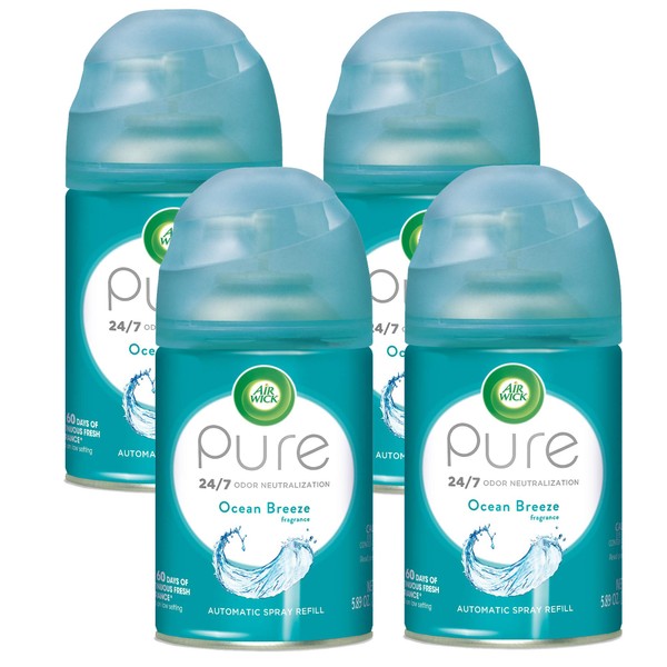 Air Wick Pure Freshmatic 4 Refills Automatic Spray, Ocean Breeze, Air Freshener, Essential Oil, Odor Neutralization, Packaging May Vary, 5.89 oz, Pack of 4