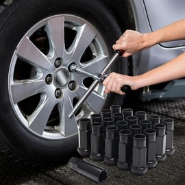 Piodelo Chrome Lug Nuts M12x1.5 Open End Wheel Nuts,Taper Acorn Seat, Forged Locknut Racing Nut Set 20Pcs and 1 Nut Socket Key- Black